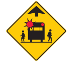 Cautionary signs warn of school buses operating in the area warning drivers that they must stop or a school bus when it is stopped with the red lights flashing.