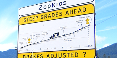 The Zopkios "Steep Grade Ahead" sign board provides crucial information for drivers of large vehicle to safely descent one of Canada's most challenging dowhill descents.