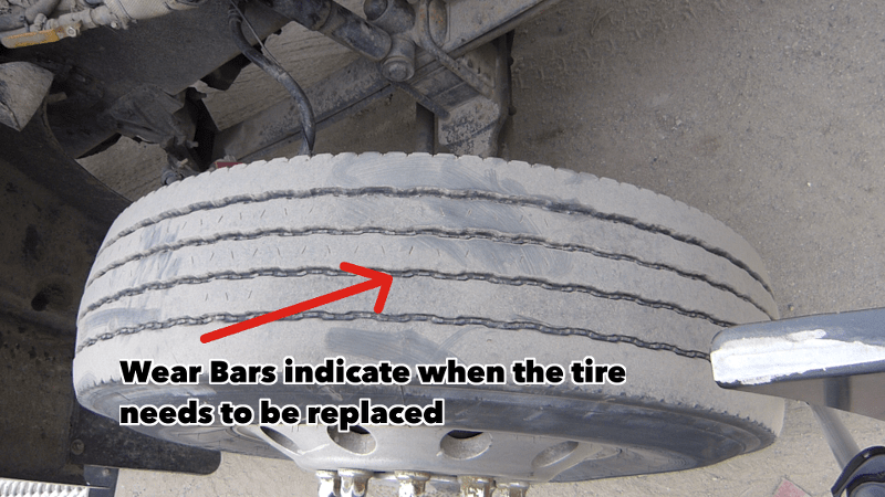 Wear bars between the treads of the tire indicate when the tire is no longer safe and needs to be replaced.