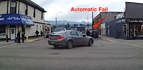 Turning left at an intersection, you must scan for pedestrians on the cross street.