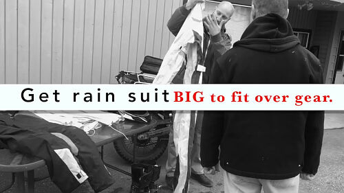 When buying rain gear for your motorcycle, buy it 1-3 sizes bigger so that it will fit over you jacket and pants.