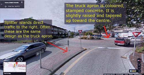 The truck apron in the middle of the roundabout facilitates the off-tracking of larger vehicles and allows these to successfuly navigate a roundabout.